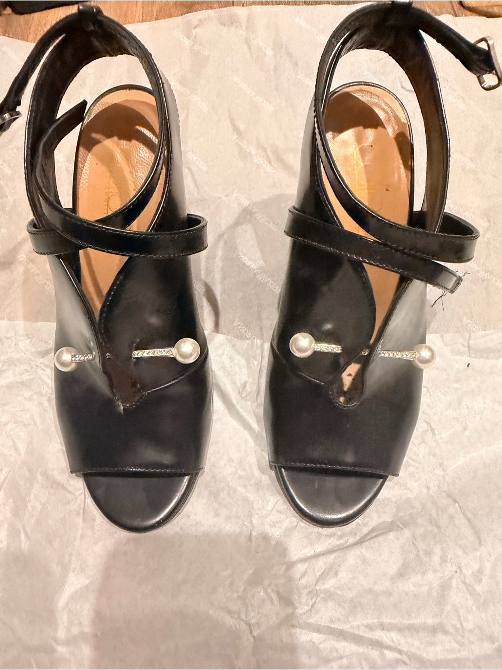 Coliac Black Open-Toe Ankle-Strap Heels with Pearl Accent